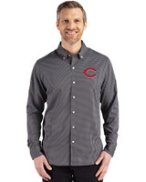 Cincinnati Reds Cutter & Buck Skyline Epic Confidence Recycled Gingham Mens Big & Tall Long Sleeve Dress Shirt Black/Elemental Grey Front