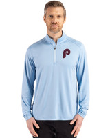 Philadelphia Phillies Cooperstown Cutter & Buck Coastline Epic Comfort Recycled Mens Quarter Zip Atlas Light Blue Front