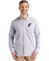 Miami Marlins Cooperstown Cutter & Buck Skyline Epic Confidence Recycled Pinstripe Mens Big & Tall Long Sleeve Dress Shirt Elemental Grey/White Front