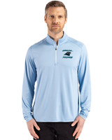 Carolina Panthers Historic Cutter & Buck Coastline Epic Comfort Recycled Mens Quarter Zip Atlas Light Blue Front