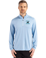 Carolina Panthers Historic Cutter & Buck Coastline Recycled Double Peached Mens Quarter Zip Pullover Atlas Light Blue Front