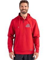 Jacksonville State Gamecocks Cutter & Buck Roam Epic Versatility Half Zip Recycled Mens Hooded Pullover Red Front