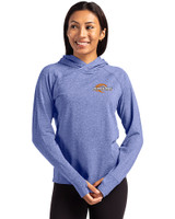 Pepperdine Waves Cutter & Buck Adapt Knit Recycled Womens Heathered Hooded Pullover Tour Blue Heather Front