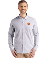 Clemson Tigers Cutter & Buck Skyline Epic Confidence Recycled Pinstripe Mens Big & Tall Long Sleeve Dress Shirt Elemental Grey/White Front