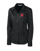 Nebraska Cornhuskers Cutter & Buck Epic Easy Care Nailshead Womens Long Sleeve Dress Shirt Black Mannequin