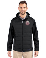 Indiana Hoosiers College Football Playoff 2025 National Champions Cutter & Buck Evoke Hybrid Eco Softshell Recycled Full Zip Mens Big & Tall Hooded Jacket Black Front