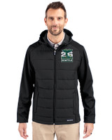 2026 Seattle FIFA World Cup Cutter & Buck Evoke Hybrid Softshell Recycled Full Zip Mens Hooded Jacket Black Front