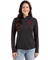 Philadelphia Phillies Cutter & Buck Prospect Epic Confidence Recycled Textured Stretch Womens Quarter Zip Black Front