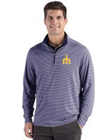 Seattle Mariners Cooperstown Cutter & Buck Forge Recycled Double Stripe Four-Way Stretch Mens Quarter Zip Pullover Navy Blue/White Front