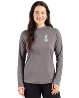 Chicago Cubs Cooperstown Cutter & Buck Prospect Epic Confidence Recycled Womens Hooded Pullover Elemental Grey Front