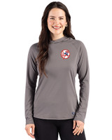 New York Yankees Cooperstown Cutter & Buck Prospect Recycled  Featherlight Stretch Womens Hooded Pullover Elemental Grey Front