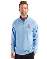 Atlanta Braves Cooperstown Cutter & Buck Prospect Epic Confidence Recycled Textured Stretch Mens Quarter Zip Atlas Light Blue Front