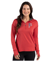 Pittsburgh Pirates Stars & Stripes Cutter & Buck Forge Epic Confidence Recycled Stretch Womens Quarter Zip Cardinal Red Heather Front