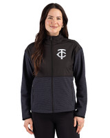 Minnesota Twins Mono Cutter & Buck Hunts Point Epic Comfort Recycled Hybrid Fleece Womens Full Zip Jacket Black Front