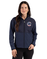 Chicago Cubs Stars & Stripes Cutter & Buck Hunts Point Epic Comfort Recycled Hybrid Fleece Womens Full Zip Jacket Navy Blue Front