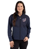 Washington Nationals Stars & Stripes Cutter & Buck Hunts Point Epic Comfort Recycled Hybrid Fleece Womens Full Zip Jacket Navy Blue Front
