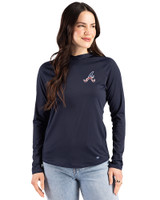 Atlanta Braves Stars & Stripes Cutter & Buck Prospect Epic Confidence Recycled Textured Stretch Womens Hooded Pullover Navy Blue Front