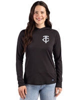Minnesota Twins Mono Cutter & Buck Prospect Epic Confidence Recycled Textured Stretch Womens Hooded Pullover Black Front