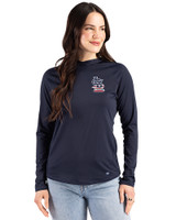 St. Louis Cardinals Stars & Stripes Cutter & Buck Prospect Epic Confidence Recycled Textured Stretch Womens Hooded Pullover Navy Blue Front