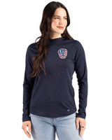 Milwaukee Brewers Stars & Stripes Cutter & Buck Prospect Epic Confidence Recycled Textured Stretch Womens Hooded Pullover Navy Blue Front