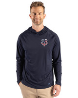 Minnesota Twins Stars & Stripes Cutter & Buck Prospect Epic Confidence Recycled Textured Stretch Mens Hooded Pullover Navy Blue Front