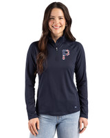 Pittsburgh Pirates Stars & Stripes Cutter & Buck Prospect Epic Confidence Recycled Textured Stretch Womens Quarter Zip Navy Blue Front