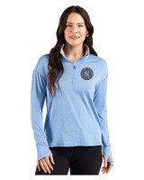 New York City FC Cutter & Buck Forge Recycled Four-Way Stretch Womens Quarter Zip Pullover Dark Atlas Heather Front