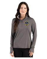 LA Galaxy Cutter & Buck Forge Recycled Four-Way Stretch Womens Quarter Zip Pullover Dark Black Heather Front