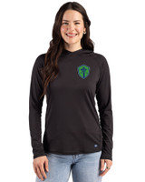 Seattle Sounders FC Cutter & Buck Prospect Recycled Featherlight Stretch Womens Hooded Pullover Black Front
