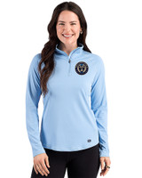 Philadelphia Union Cutter & Buck Prospect Recycled Featherlight Stretch Womens Quarter Zip Atlas Light Blue Front