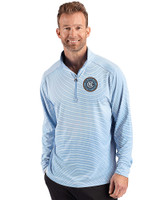 New York City FC Cutter & Buck Forge Recycled Double Stripe Four-Way Stretch Mens Quarter Zip Pullover Atlas/White Front