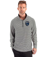 San Jose Earthquakes Cutter & Buck Forge Recycled Double Stripe Four-Way Stretch Mens Quarter Zip Pullover Black/White Front