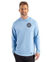 New York City FC Cutter & Buck Prospect Recycled Featherlight Stretch Mens Hooded Pullover Atlas Light Blue Front