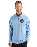 Philadelphia Union Cutter & Buck Prospect Recycled Featherlight Stretch Mens Quarter Zip Atlas Light Blue Front