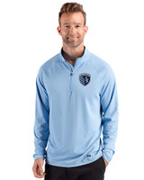 Sporting Kansas City Cutter & Buck Prospect Recycled Featherlight Stretch Mens Quarter Zip Atlas Light Blue Front