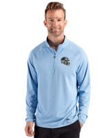 Carolina Panthers NFL Helmet Cutter & Buck Prospect Recycled Featherlight Stretch Mens Quarter Zip Atlas Light Blue Front