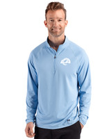 Los Angeles Rams Monochromatic Cutter & Buck Prospect Recycled Featherlight Stretch Mens Quarter Zip Atlas Light Blue Front