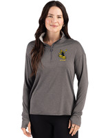 Pittsburgh Steelers Historic Cutter & Buck Forge Recycled Four-Way Stretch Womens Quarter Zip Pullover Dark Black Heather Front