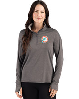 Miami Dolphins Historic Cutter & Buck Forge Recycled Four-Way Stretch Womens Quarter Zip Pullover Dark Black Heather Front