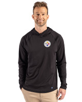Pittsburgh Steelers Cutter & Buck Prospect Recycled Featherlight Stretch Mens Big & Tall Hooded Pullover Black Front