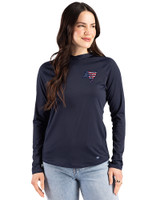 Tampa Bay Buccaneers Americana Cutter & Buck Prospect Recycled Featherlight Stretch Womens Hooded Pullover Navy Blue Front
