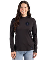 NY Mets City Connect Cutter & Buck Prospect Recycled Featherlight Stretch Womens Hooded Pullover Black Front