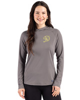 Los Angeles Dodgers City Connect- Cutter & Buck Prospect Recycled Featherlight Stretch Womens Hooded Pullover Elemental Grey Front