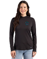 Miami Marlins City Connect- Cutter & Buck Prospect Recycled Featherlight Stretch Womens Hooded Pullover Black Front
