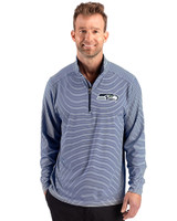 Seattle Seahawks Cutter & Buck Forge Recycled Double Stripe Four-Way Stretch Mens Quarter Zip Pullover Navy Blue/White Front