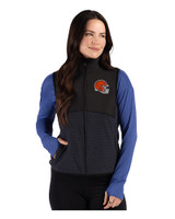 Cleveland Browns Helmet Cutter & Buck Hunts Point Recycled Fleece Womens Hybrid Full Zip Vest Black Front