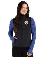 Pittsburgh Steelers Cutter & Buck Hunts Point Recycled Fleece Womens Hybrid Full Zip Vest Black Front
