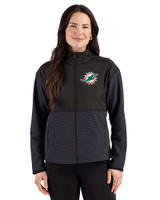 Miami Dolphins Cutter & Buck Hunts Point Recycled Fleece Womens Hybrid Full Zip Jacket Black Front