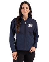 Cincinnati Bengals Americana Cutter & Buck Hunts Point Recycled Fleece Womens Hybrid Full Zip Jacket Navy Blue Front