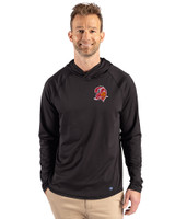 Tampa Bay Buccaneers Historic Cutter & Buck Prospect Recycled Featherlight Stretch Mens Hooded Pullover Black Front